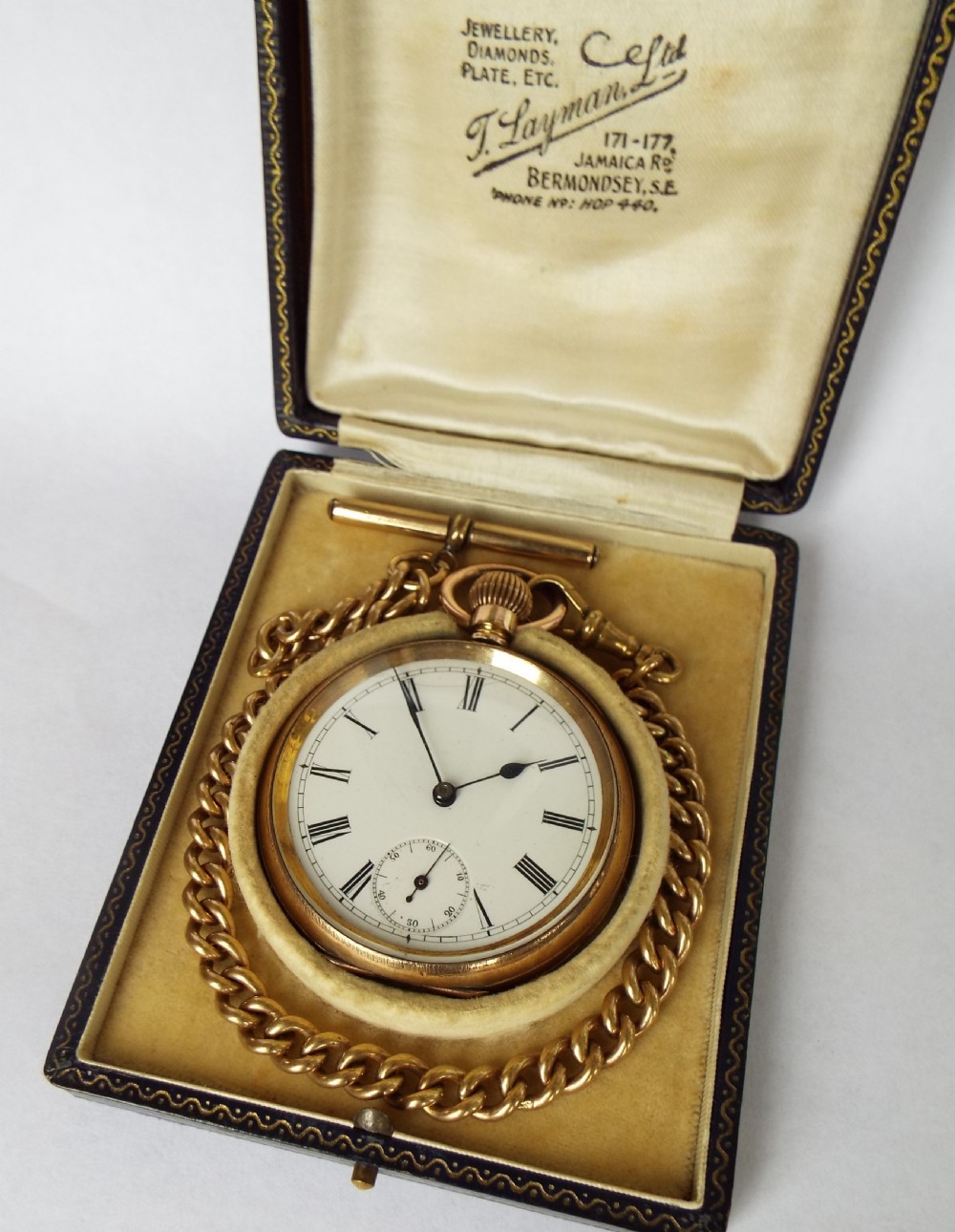 Antique boxed Omega pocket watch with albert