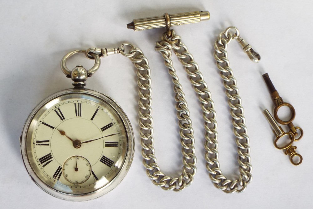 Antique Wm Ehrhardt silver pocket watch and chain View II