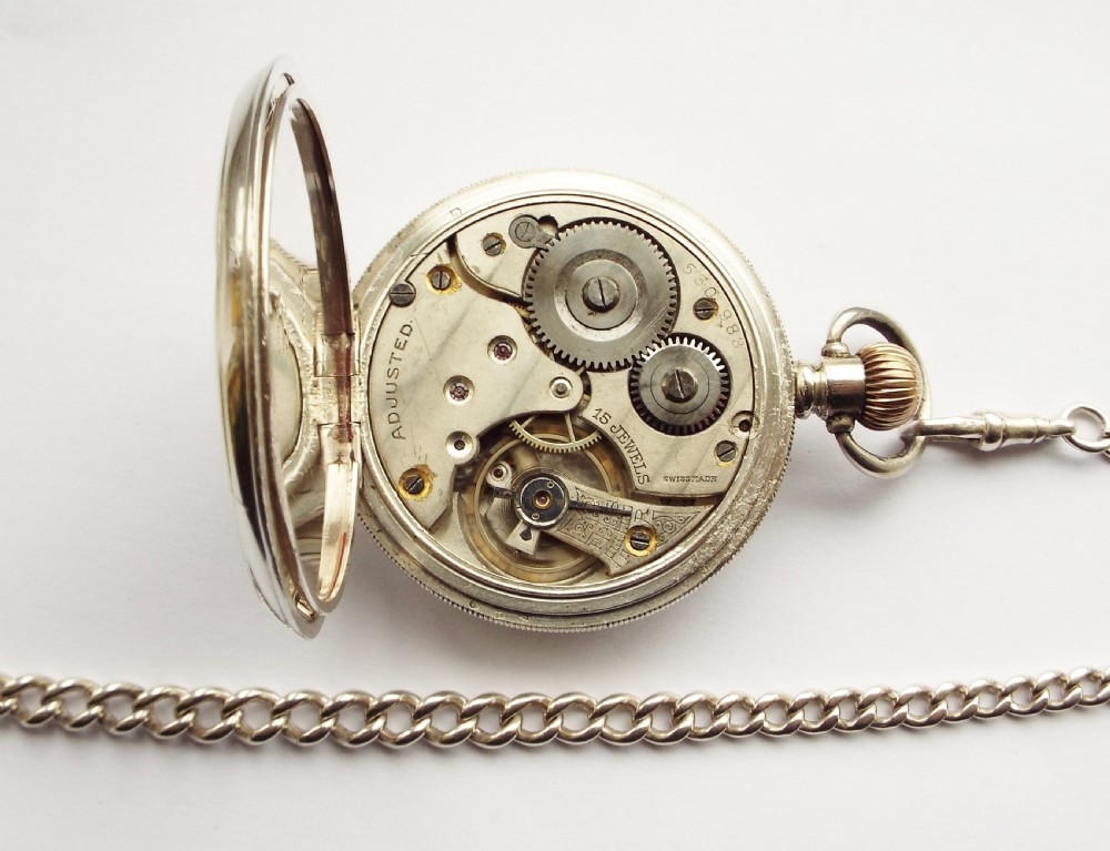 Antique 1913 silver Harris Stone pocket watch & chain. View V