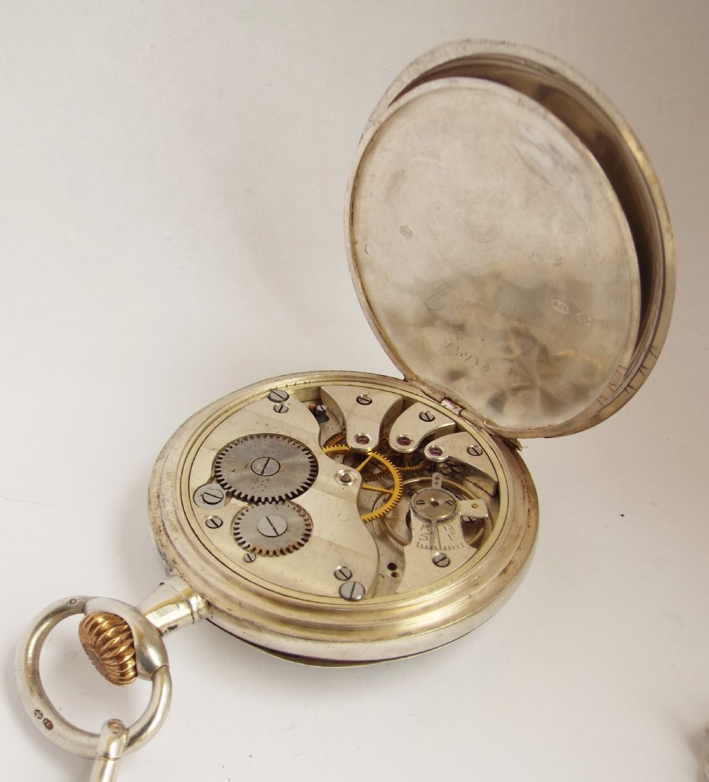Antique silver 1919 Swiss pocket watch and chain. View V
