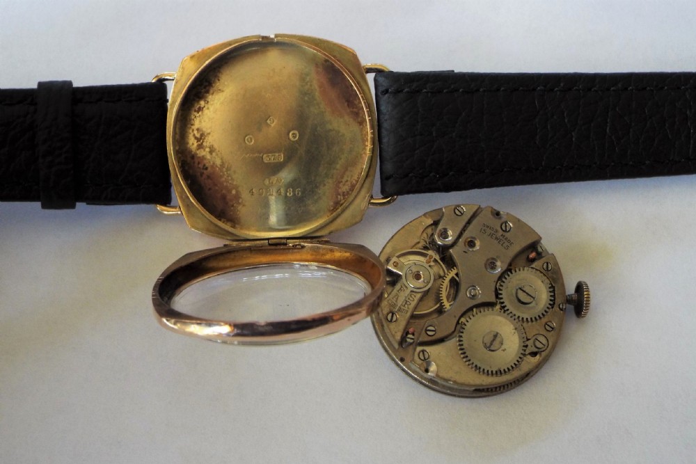 Gents 9ct rose gold cushion case wrist watch, 1929 View IV