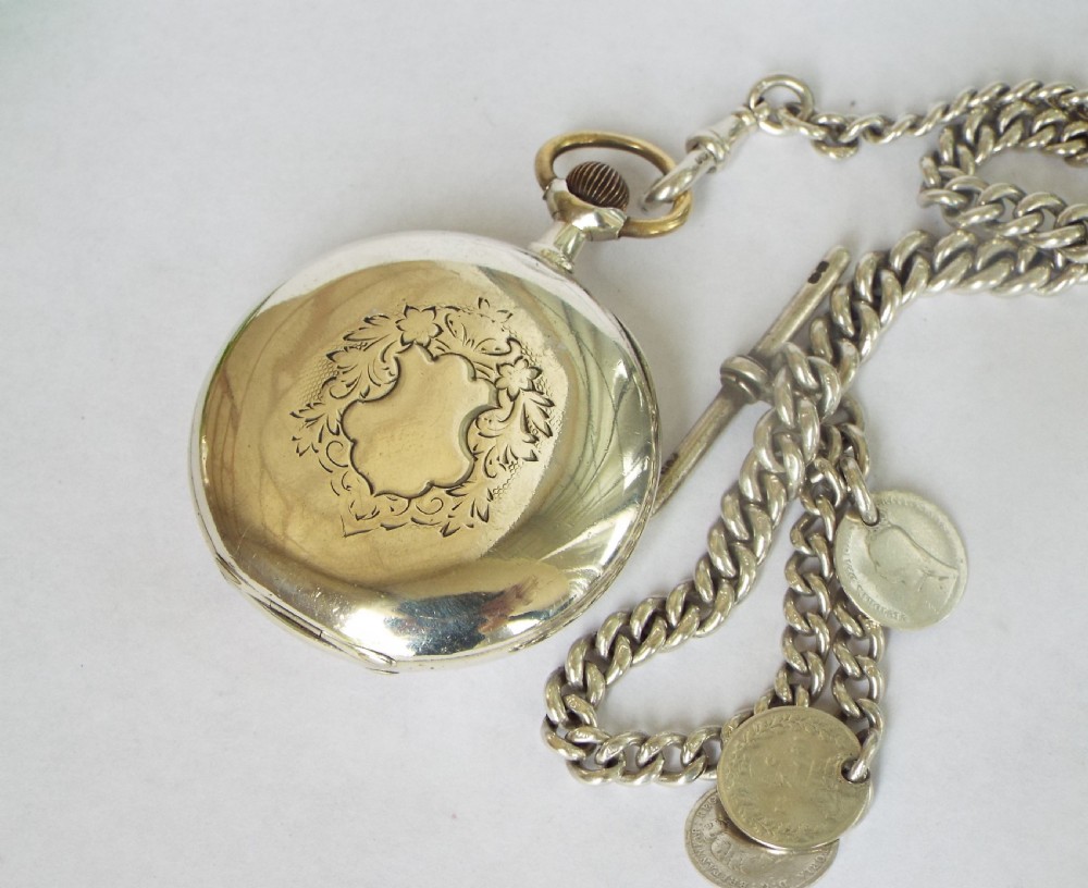 Antique silver Omega pocket watch and chain View II