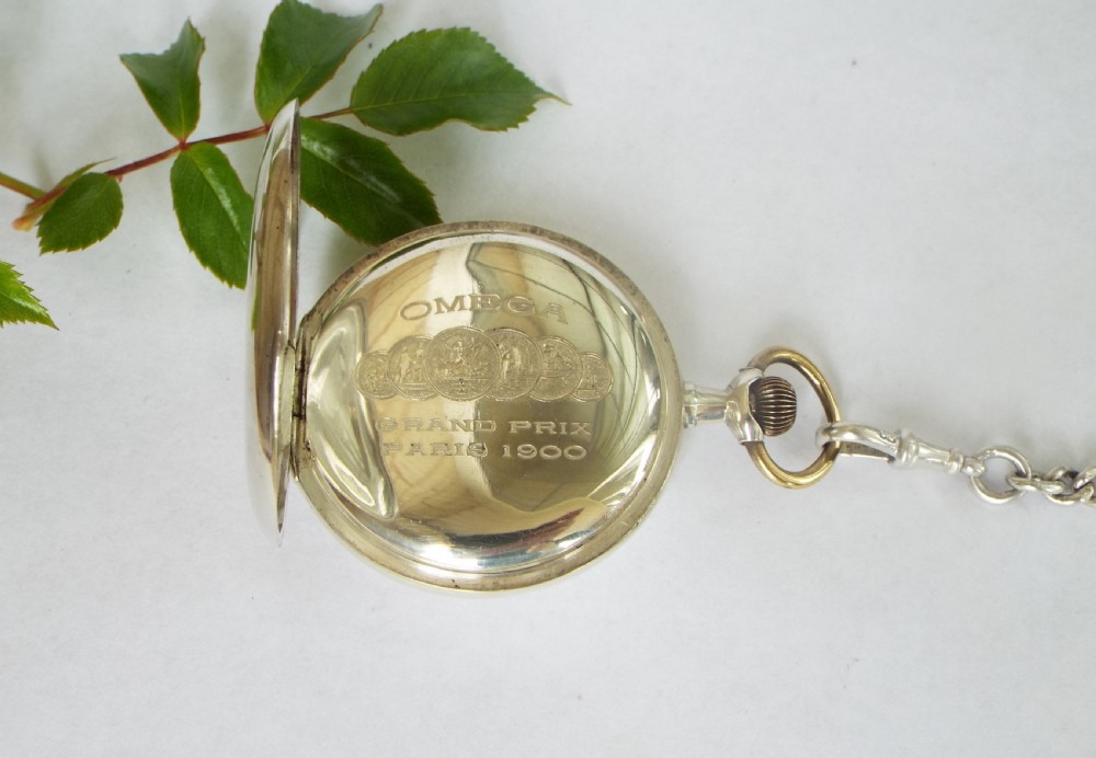 Antique silver Omega pocket watch and chain View III