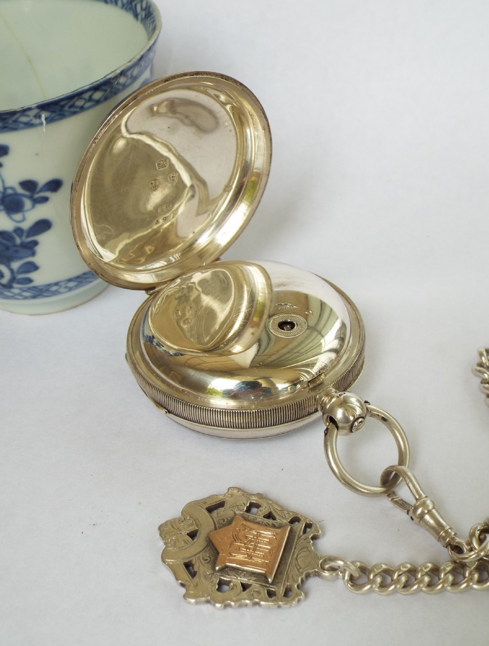 Antique silver Waltham pocket watch and albert View V