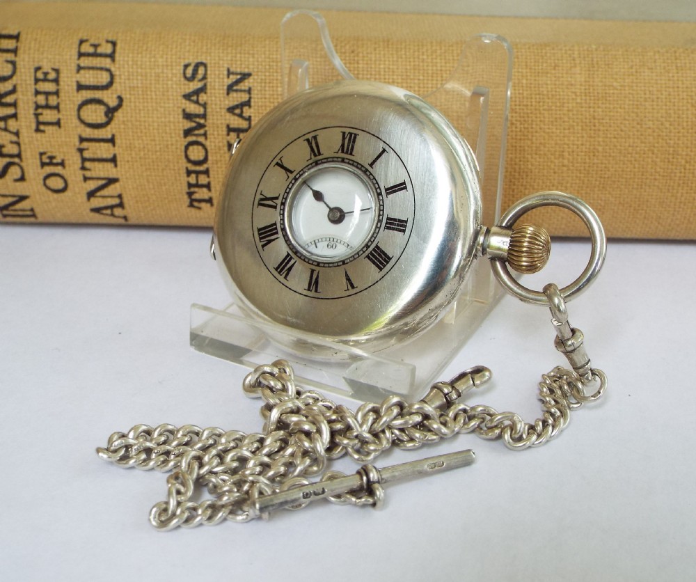 1907 silver half hunter pocket watch and chain