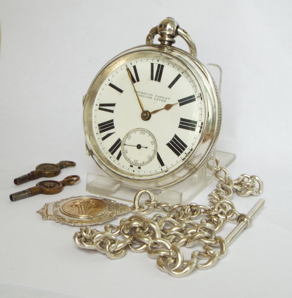 Antique silver Improved Patent watch and chain