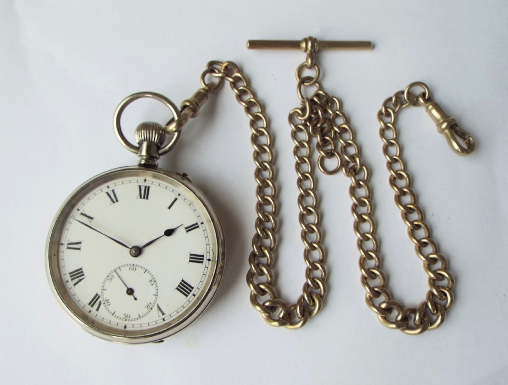 Antique pin-set Swiss pocket watch and chain, circa 1910s View II