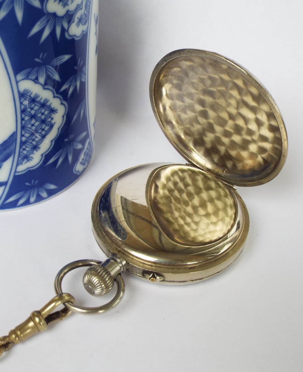 Antique pin-set Swiss pocket watch and chain, circa 1910s View III