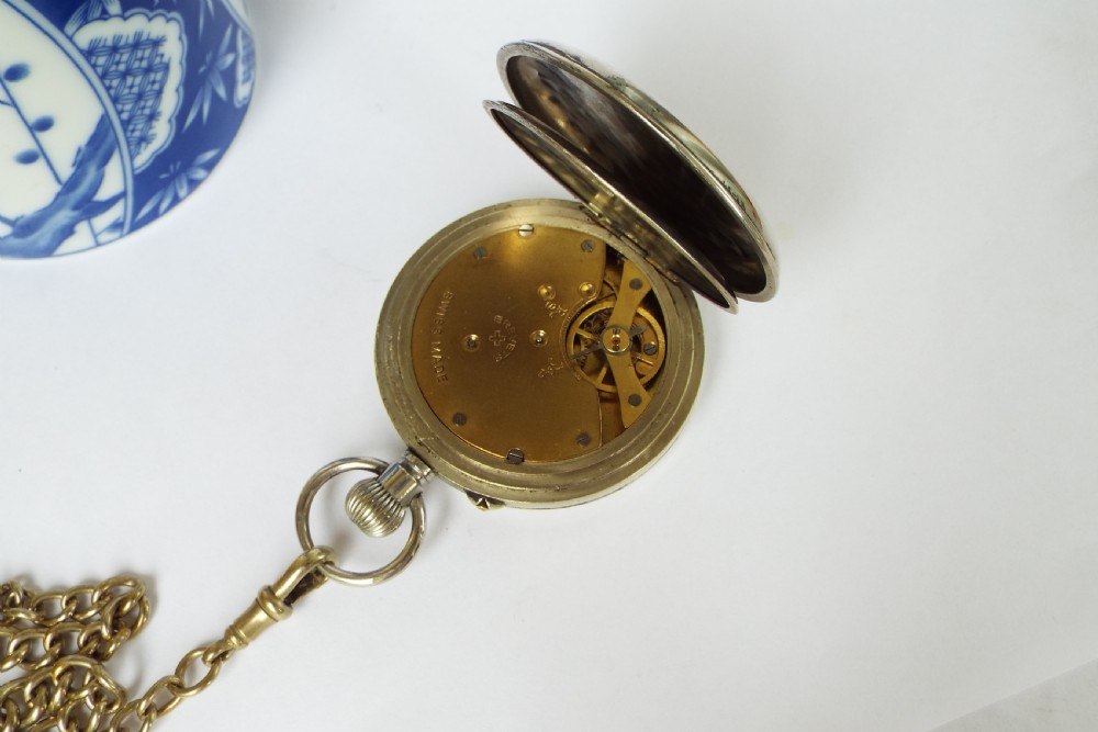 Antique pin-set Swiss pocket watch and chain, circa 1910s View IV
