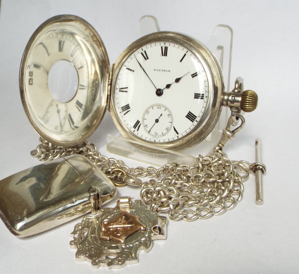 Waltham silver half hunter pocket watch and accoutrements View II