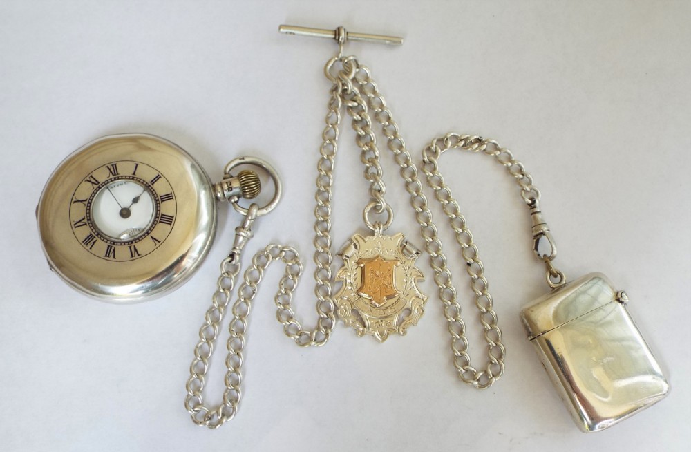 Waltham silver half hunter pocket watch and accoutrements View VI