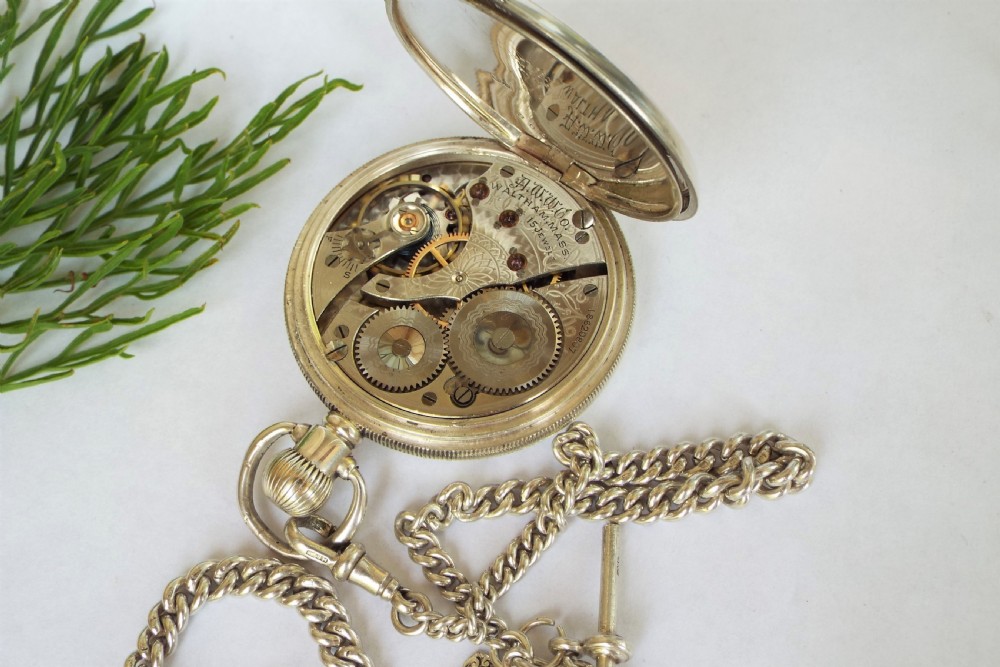 Antique  silver Waltham pocket watch and chain View IV