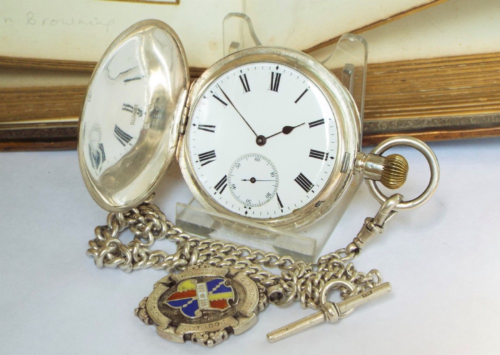 Antique Longines silver hunter pocket watch and chain