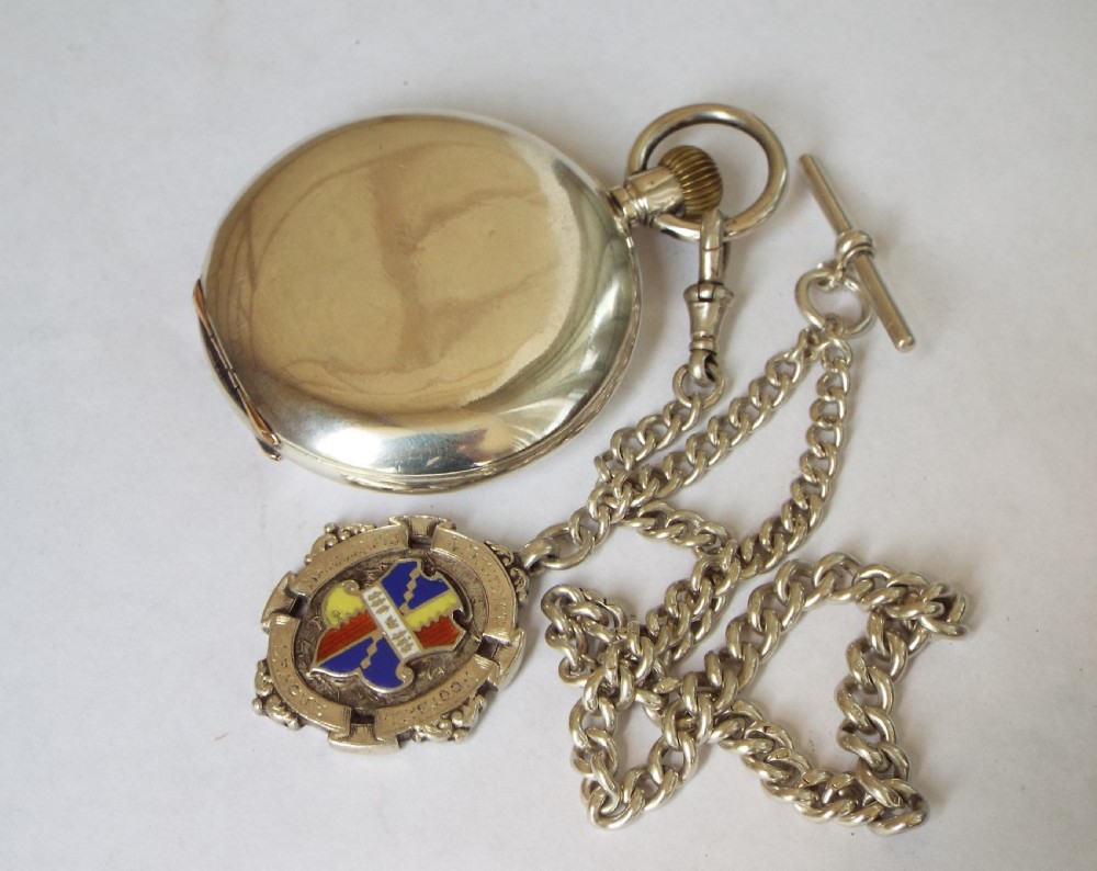 Antique Longines silver hunter pocket watch and chain View II