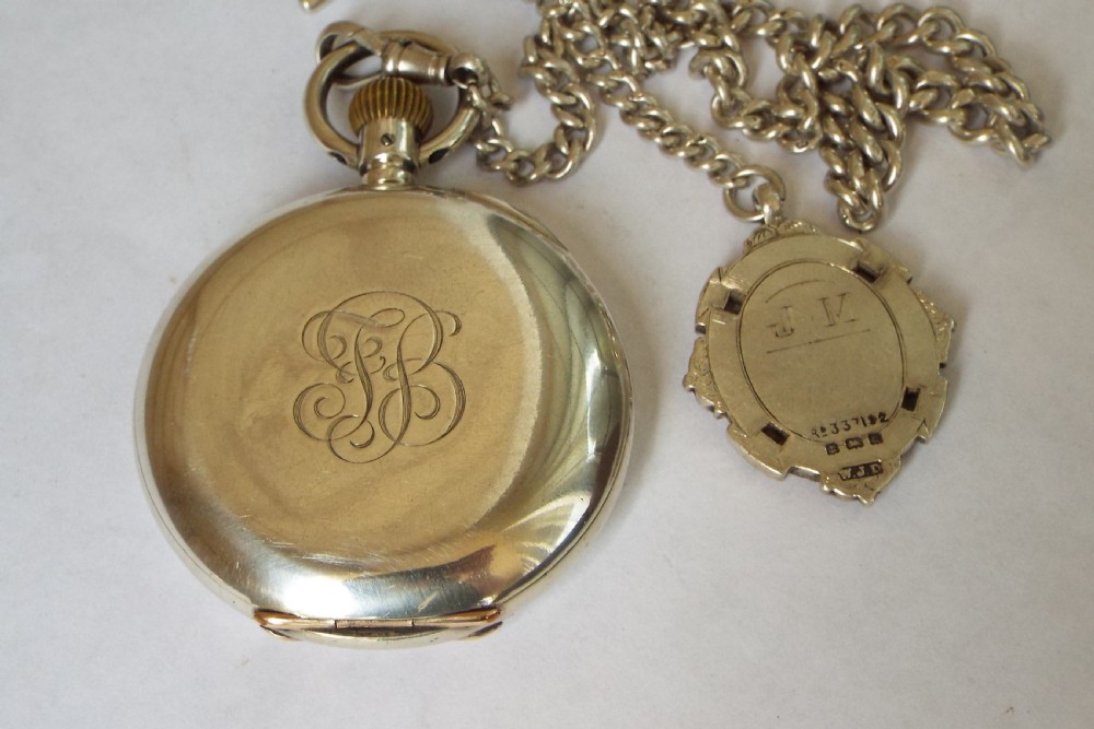 Antique Longines silver hunter pocket watch and chain View III