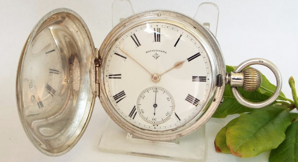 Antique 1896 Rotherhams silver full hunter pocket watch.