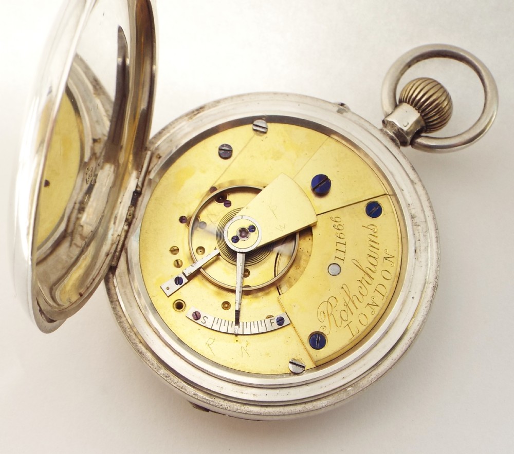 Antique 1896 Rotherhams silver full hunter pocket watch. View IV