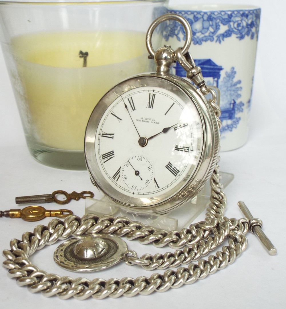 Heavy antique silver Waltham pocket watch & chain