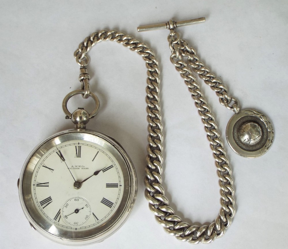 Heavy antique silver Waltham pocket watch & chain View III