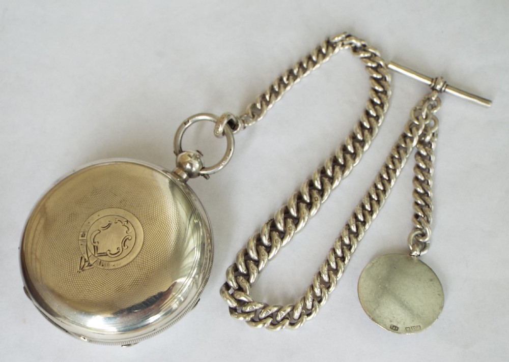 Heavy antique silver Waltham pocket watch & chain View V