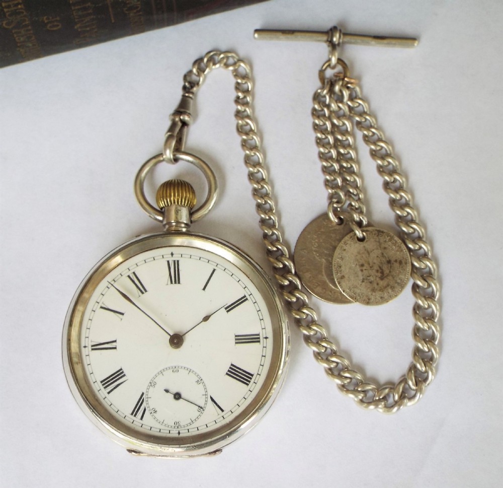 Antique Swiss silver pocket watch and chain View II
