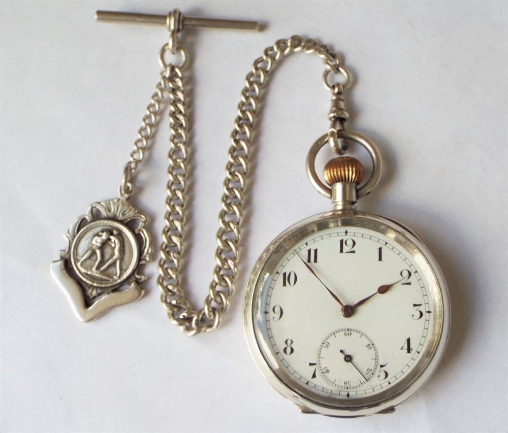 Antique 1913 Swiss silver pocket watch and chain View II
