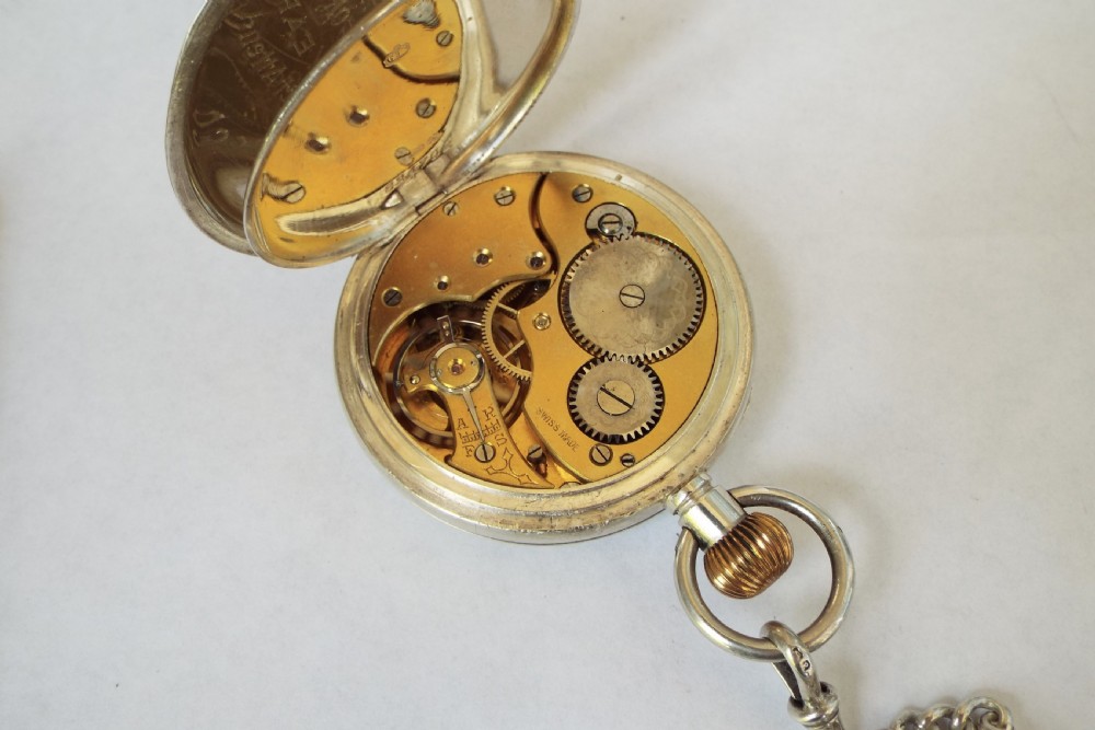 Antique 1913 Swiss silver pocket watch and chain View IV