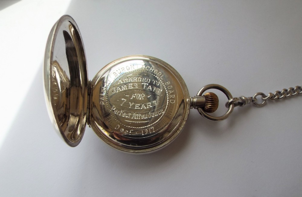 Antique 1913 Swiss silver pocket watch and chain View VI