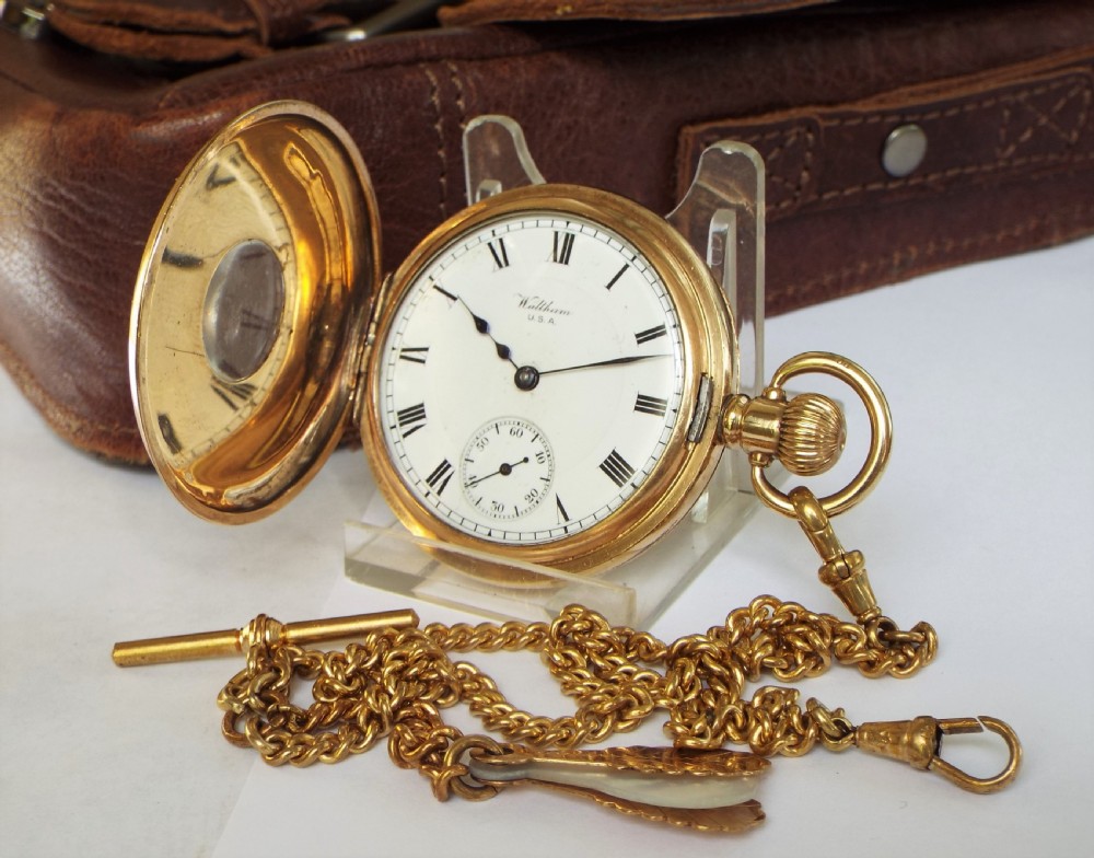 Antique Waltham half hunter pocket watch and chain