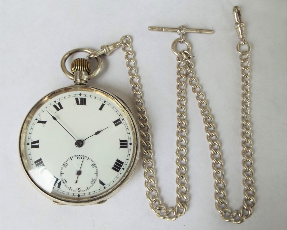Antique silver Record pocket watch and albert View II