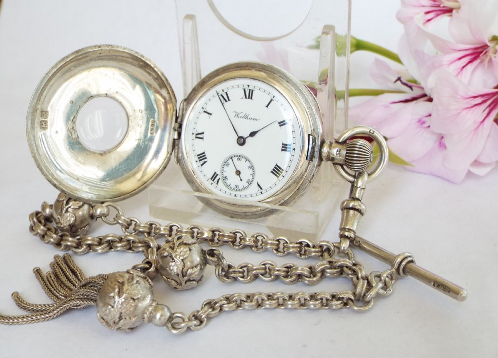 Ladies antique Waltham silver half hunter and albertina