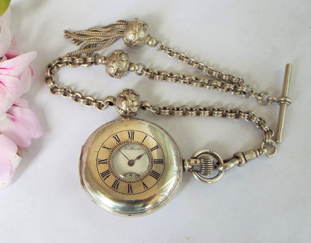 Ladies antique Waltham silver half hunter and albertina View II