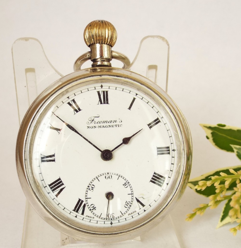 A 1920s Freemans silver stem winding pocket watch.