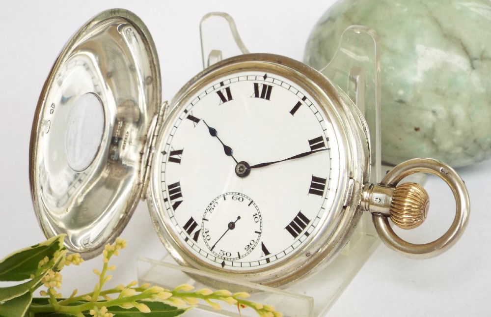 Antique 1919 silver half hunter Record pocket watch. View II