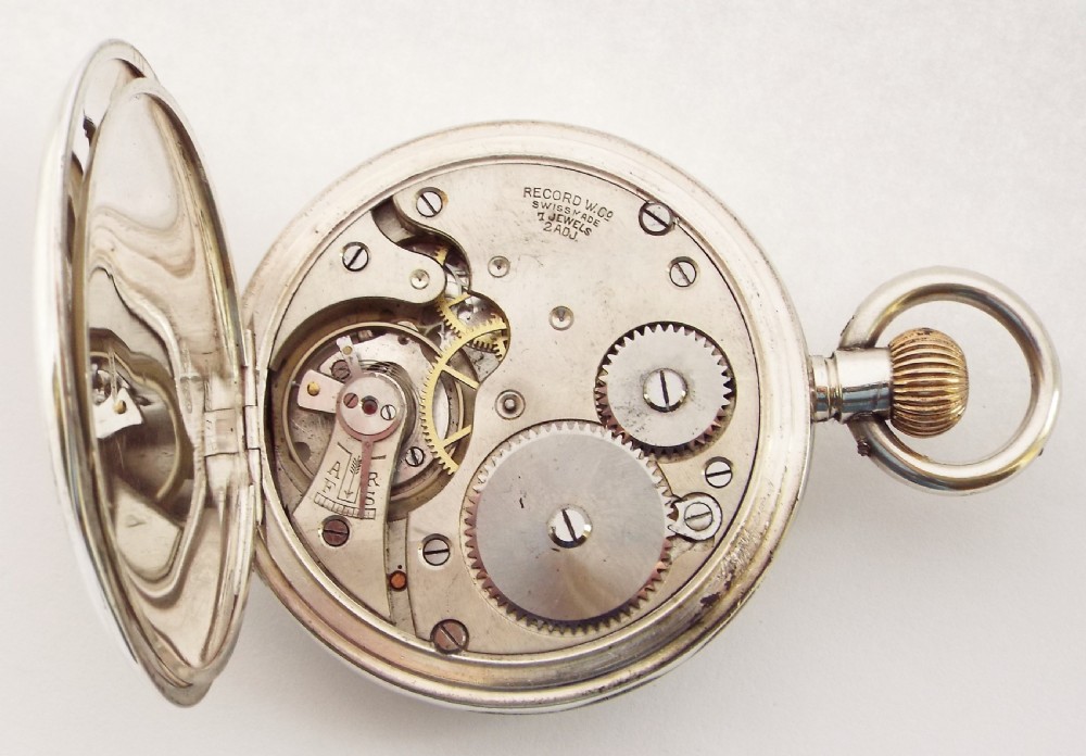 Antique 1919 silver half hunter Record pocket watch. View IV