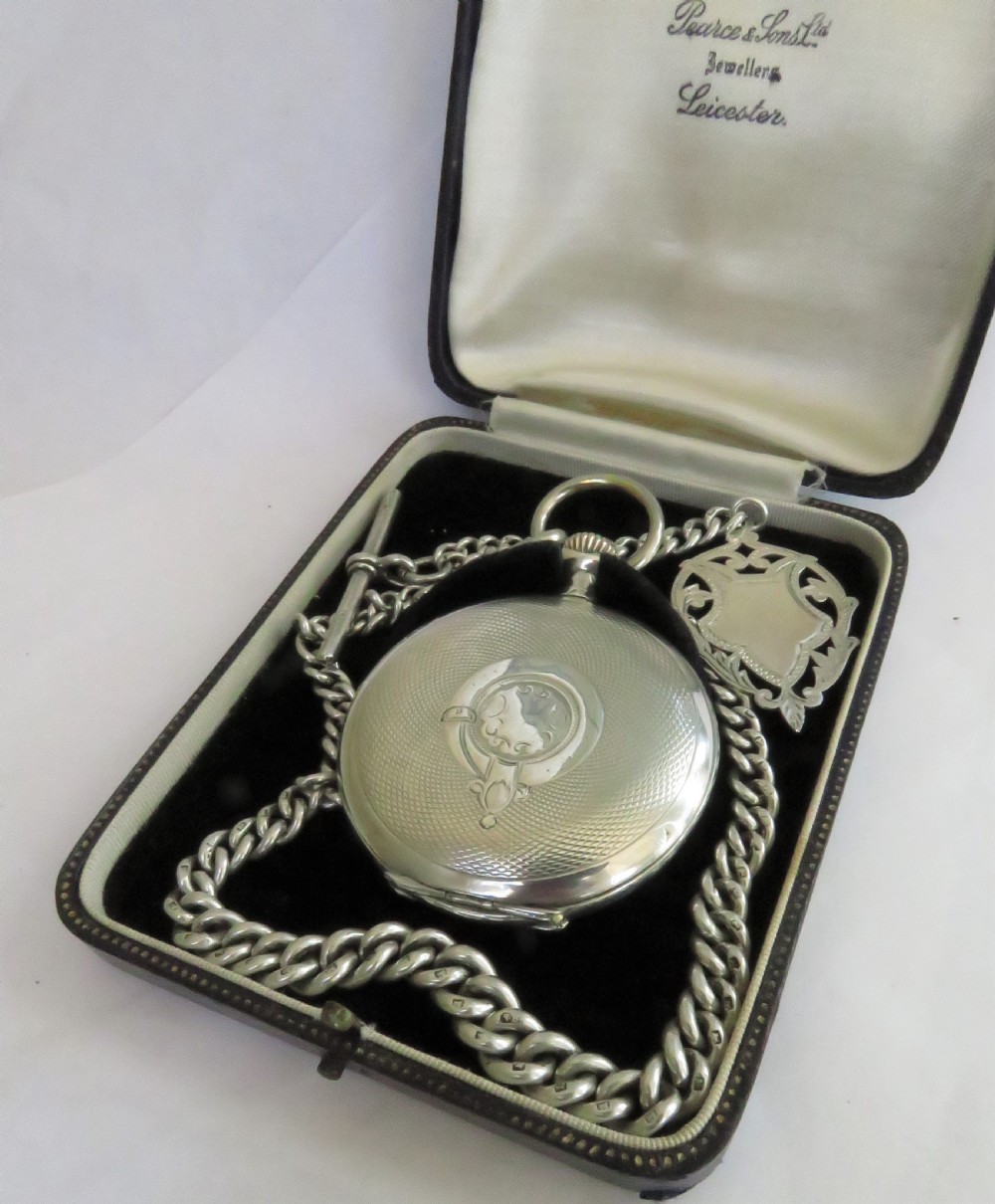 Antique silver Omega hunter pocket watch and chain View II