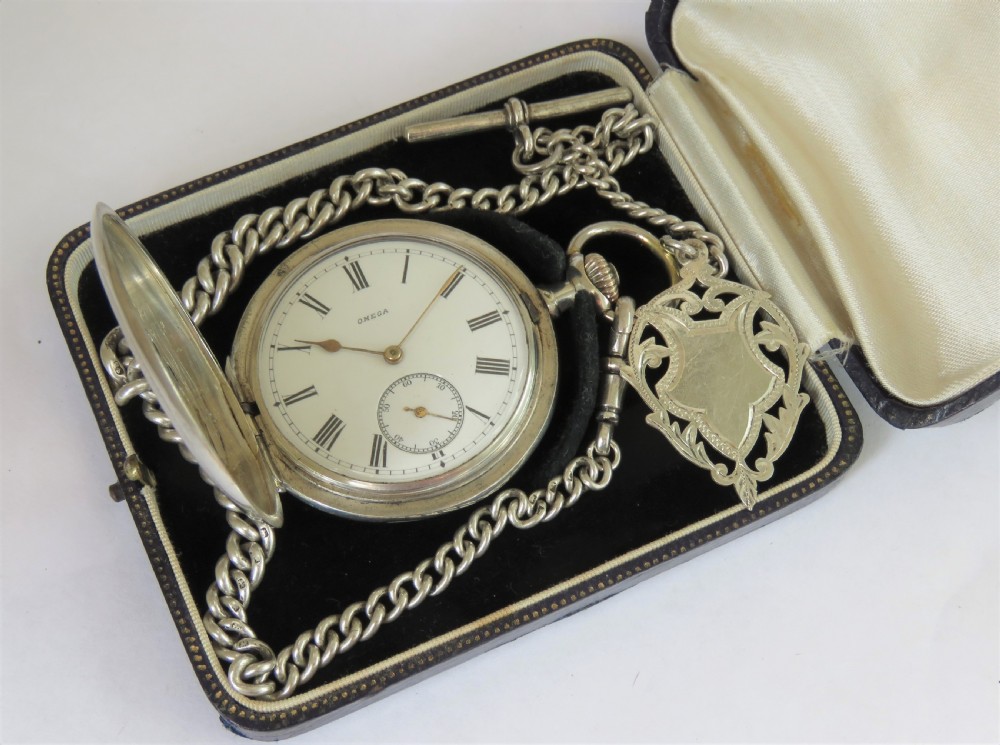 Antique silver Omega hunter pocket watch and chain View III