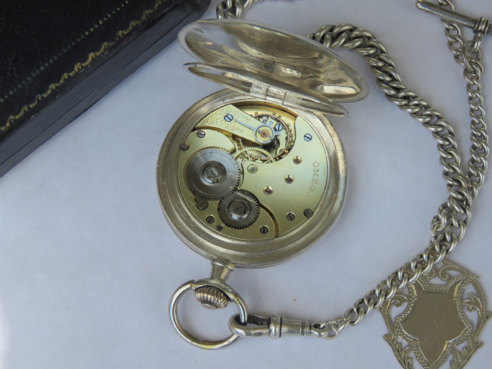 Antique silver Omega hunter pocket watch and chain View IV