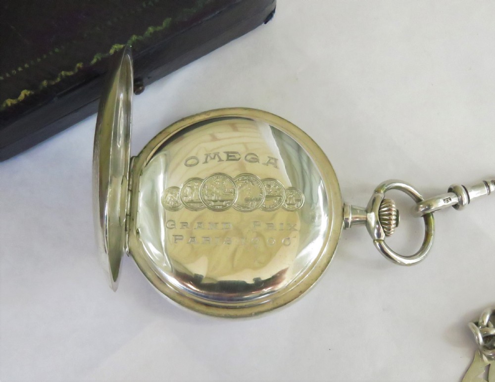 Antique silver Omega hunter pocket watch and chain View VI