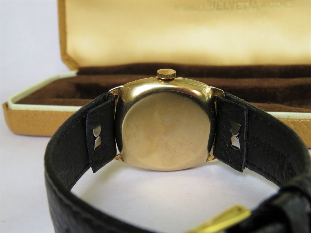 9ct gold Helvetia cushion cased wrist watch, 1939 View V