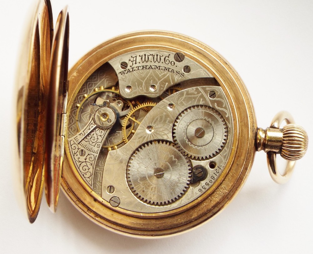 Antique 1903 Waltham half hunter pocket watch. View V