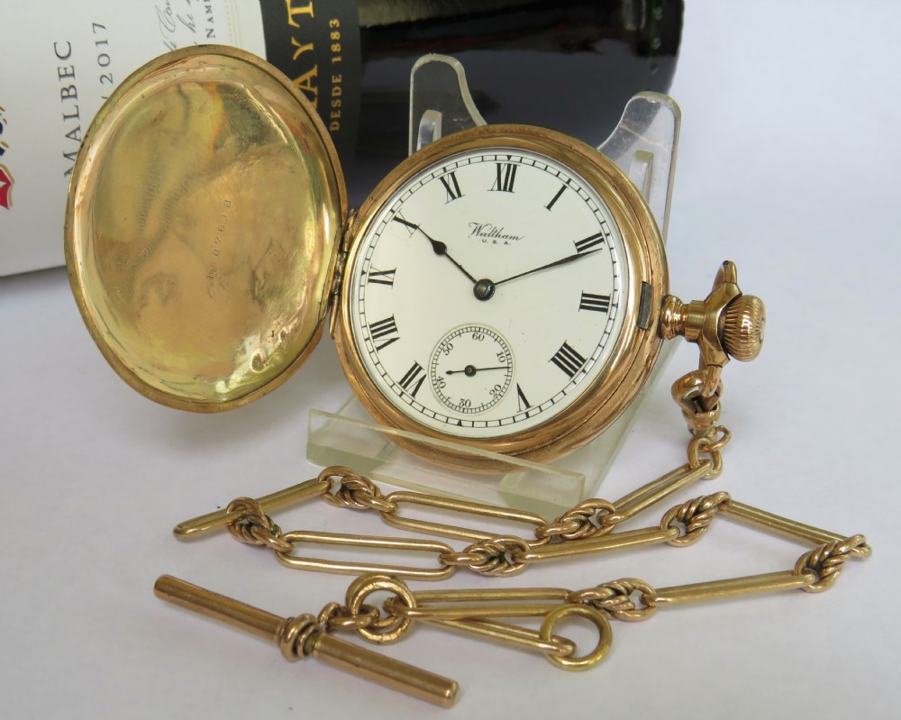 Antique Waltham hunter pocket watch and albert View VI