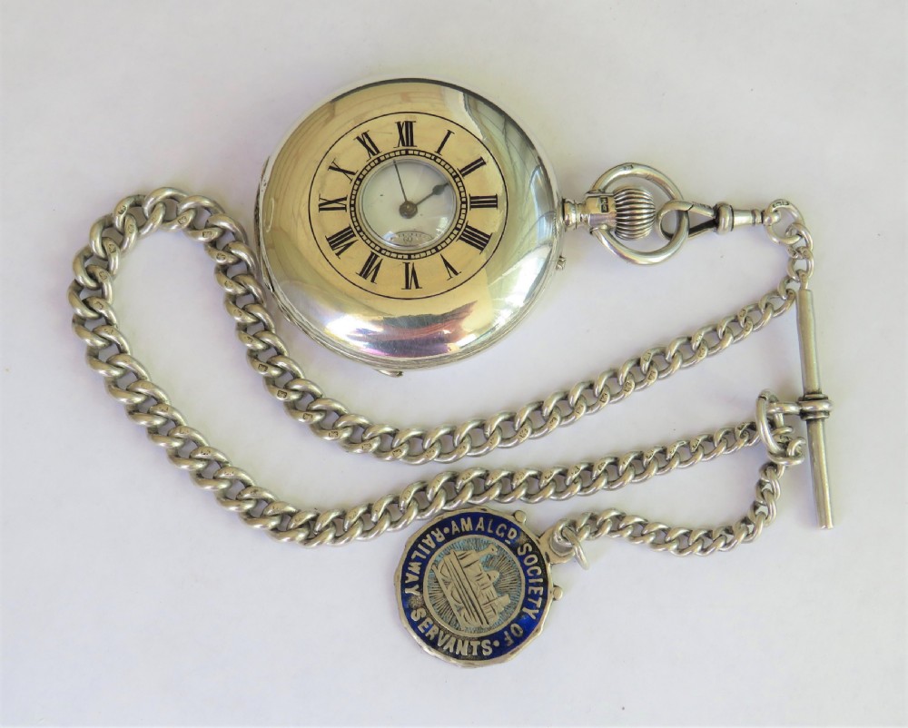 Antique silver half hunter pocket watch and albert View II