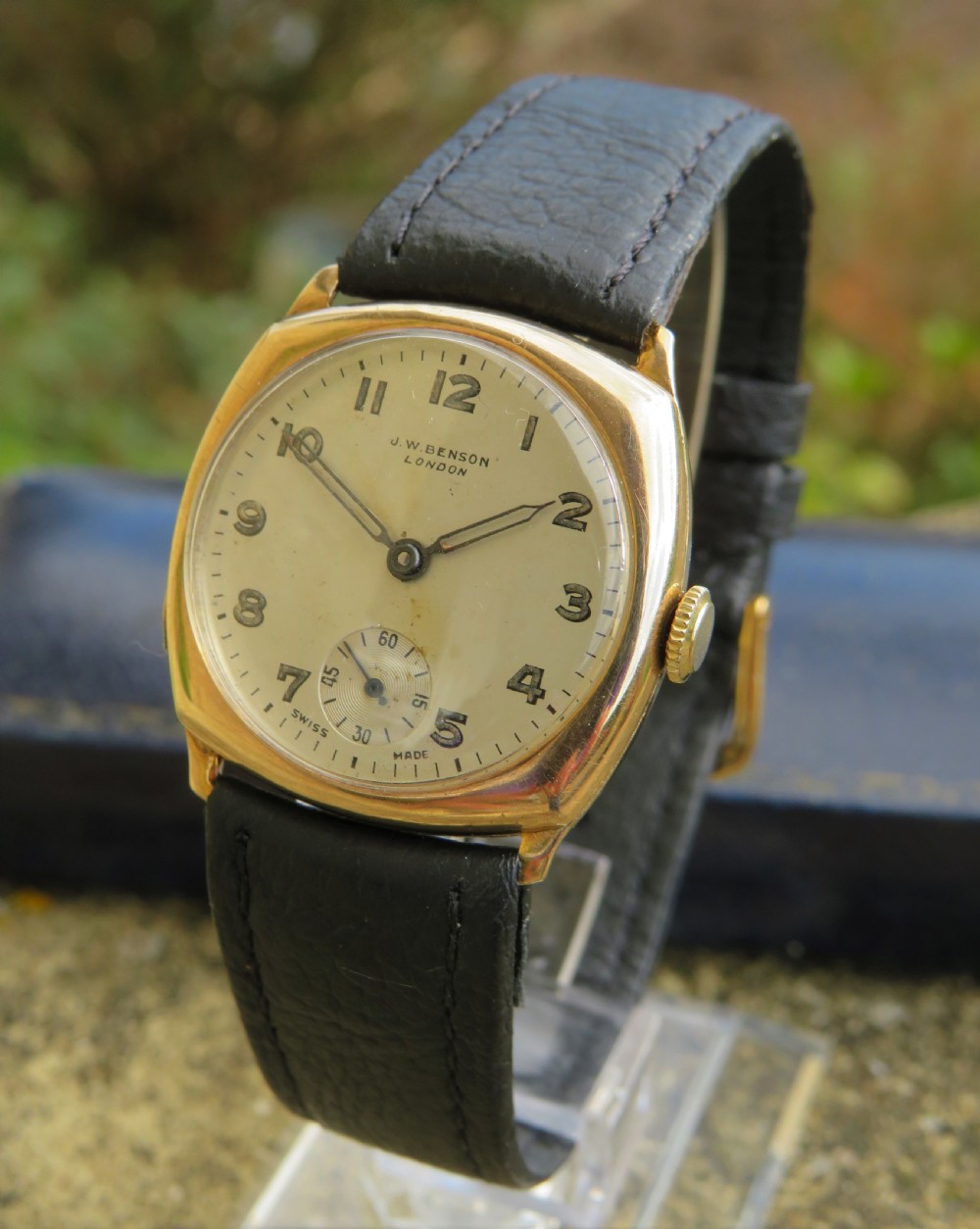 Boxed 9ct gold J W Benson wrist watch, 1930
