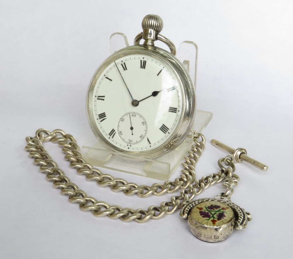 Antique silver pocket watch with chain and swivel