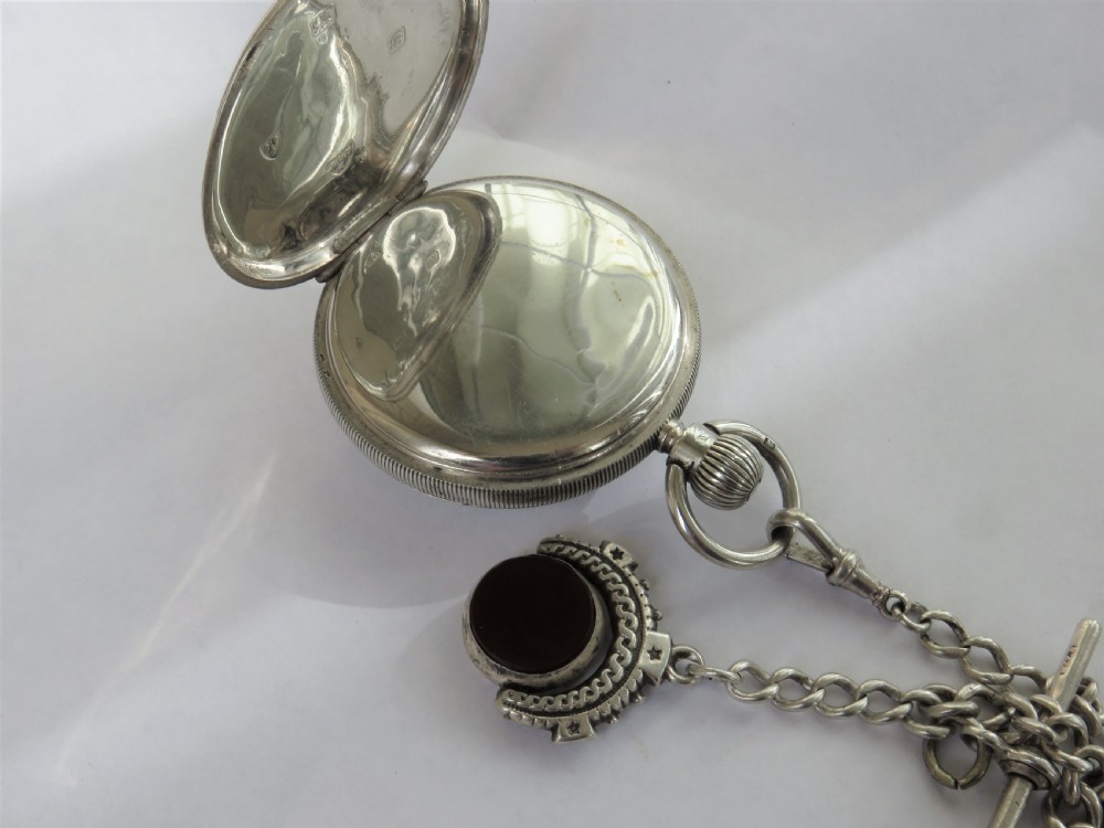 Antique silver pocket watch with chain and swivel View III