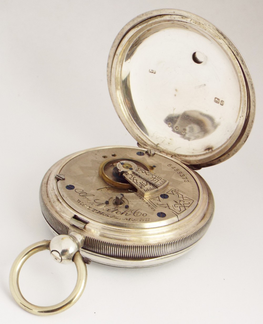 An antique 1889 silver Waltham pocket watch, originally retailed by Fattorini & Sons Bradford. View IV