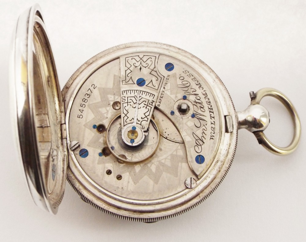 An antique 1889 silver Waltham pocket watch, originally retailed by Fattorini & Sons Bradford. View V