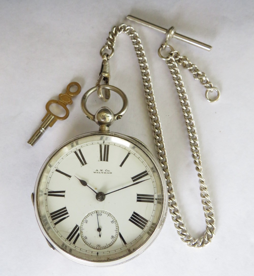 Antique silver Waltham pocket watch and chain View II