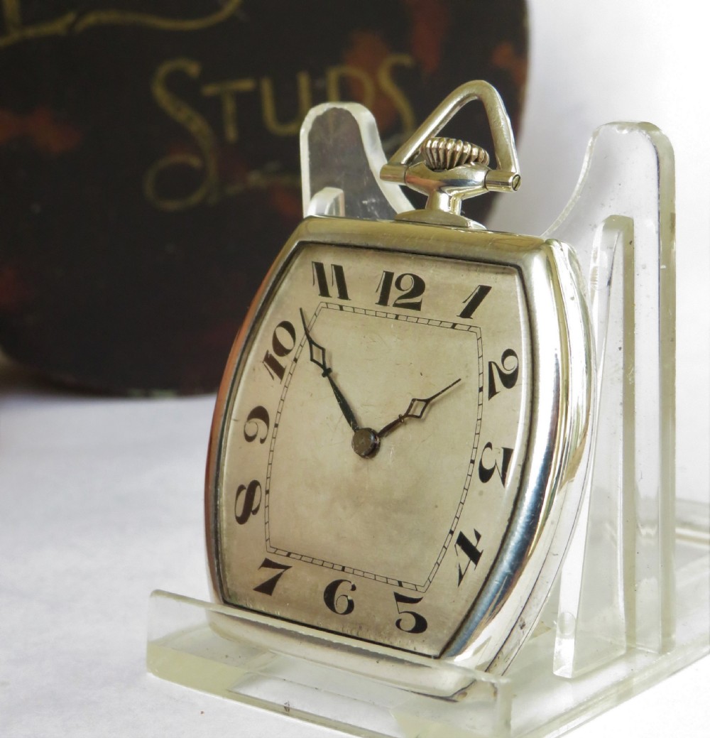 1923 silver tonneau shaped Art Deco pocket watch
